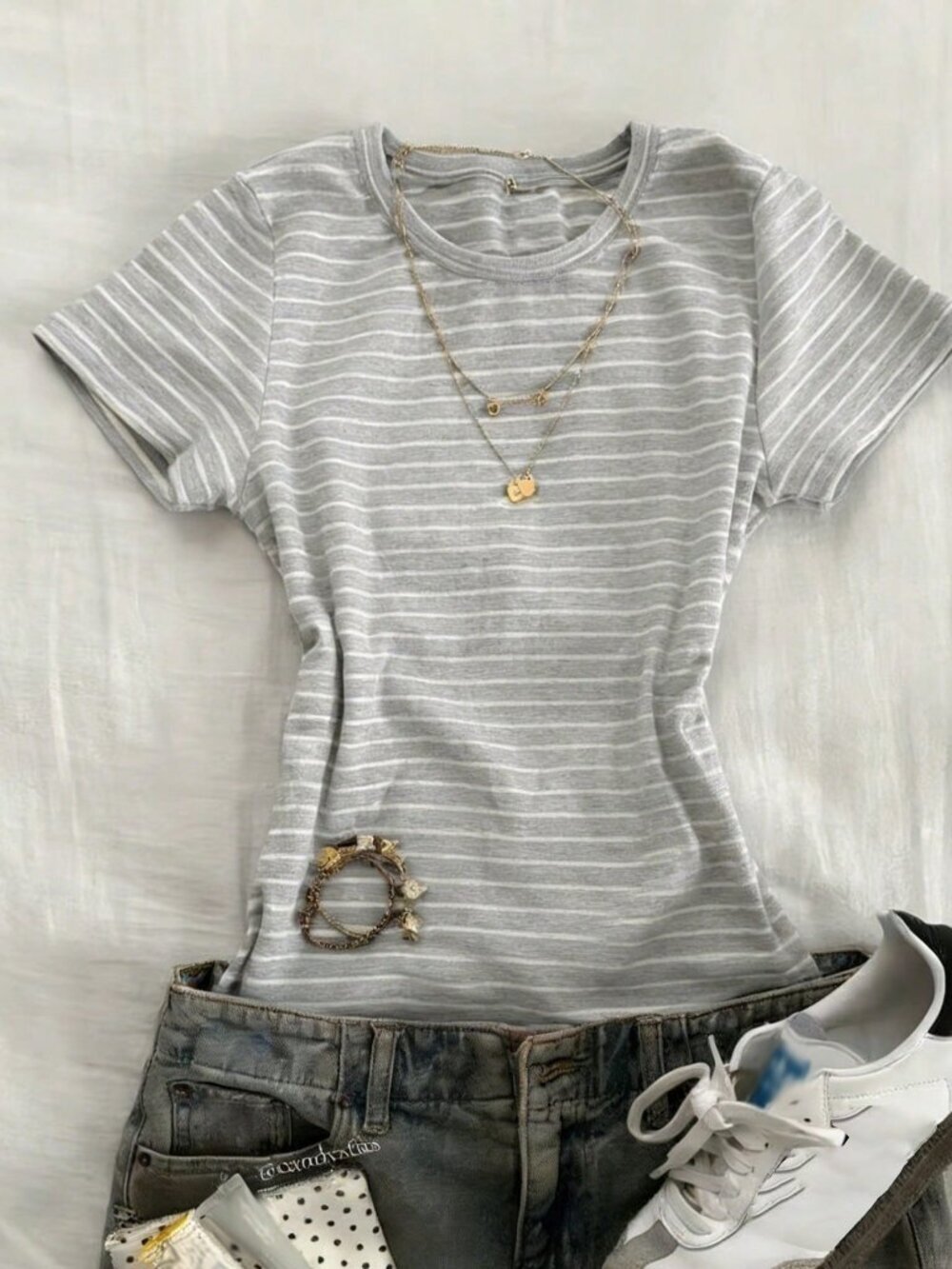 Grey Casual Women's Round Neck Short Sleeve Striped T-Shirt